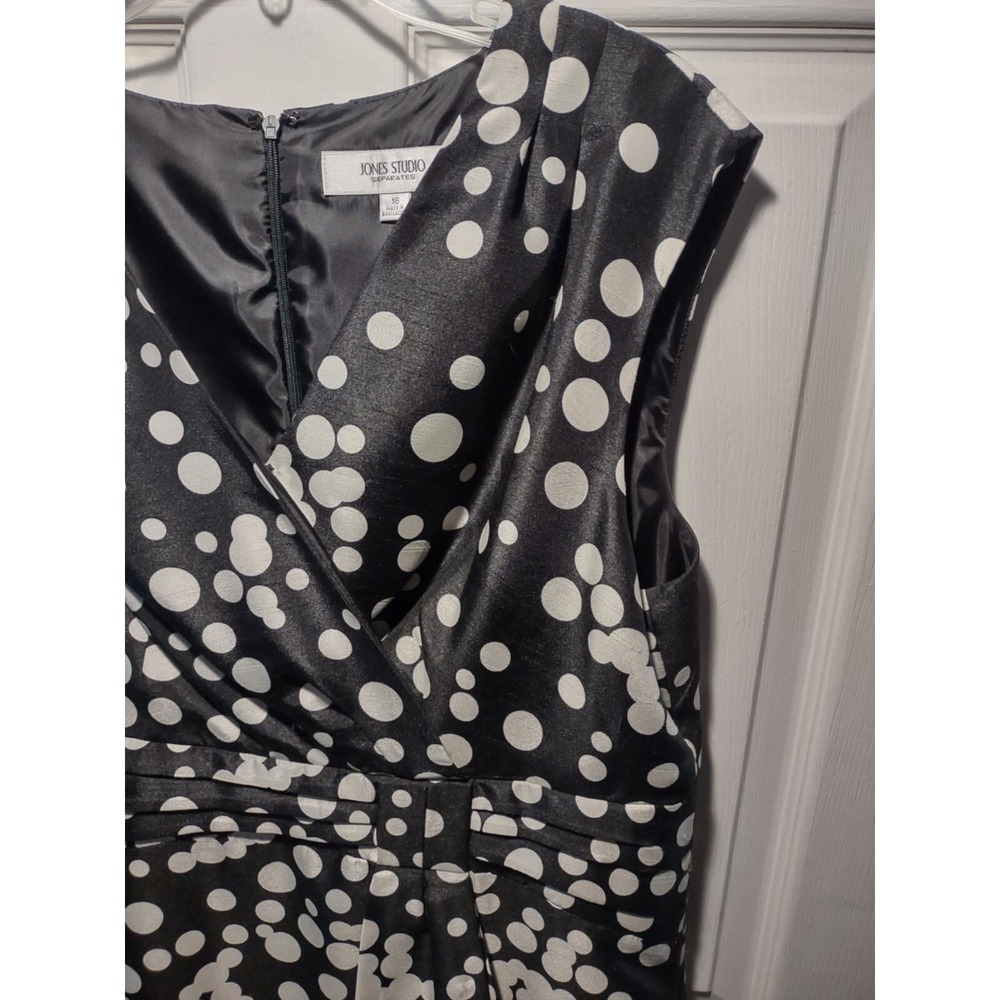 Jones Studio Polka Dot Sheath Dress Womens 16 Black White Faux Wrap Bow Cocktail